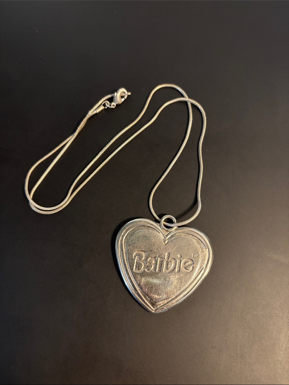 Official Mattel Barbie Silver -Tone Embossed Chunky Heart Pendant Necklace